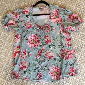 Show Me Your MuMu - Women's Floral Top Blouse - Pink and Blue - Size: Medium